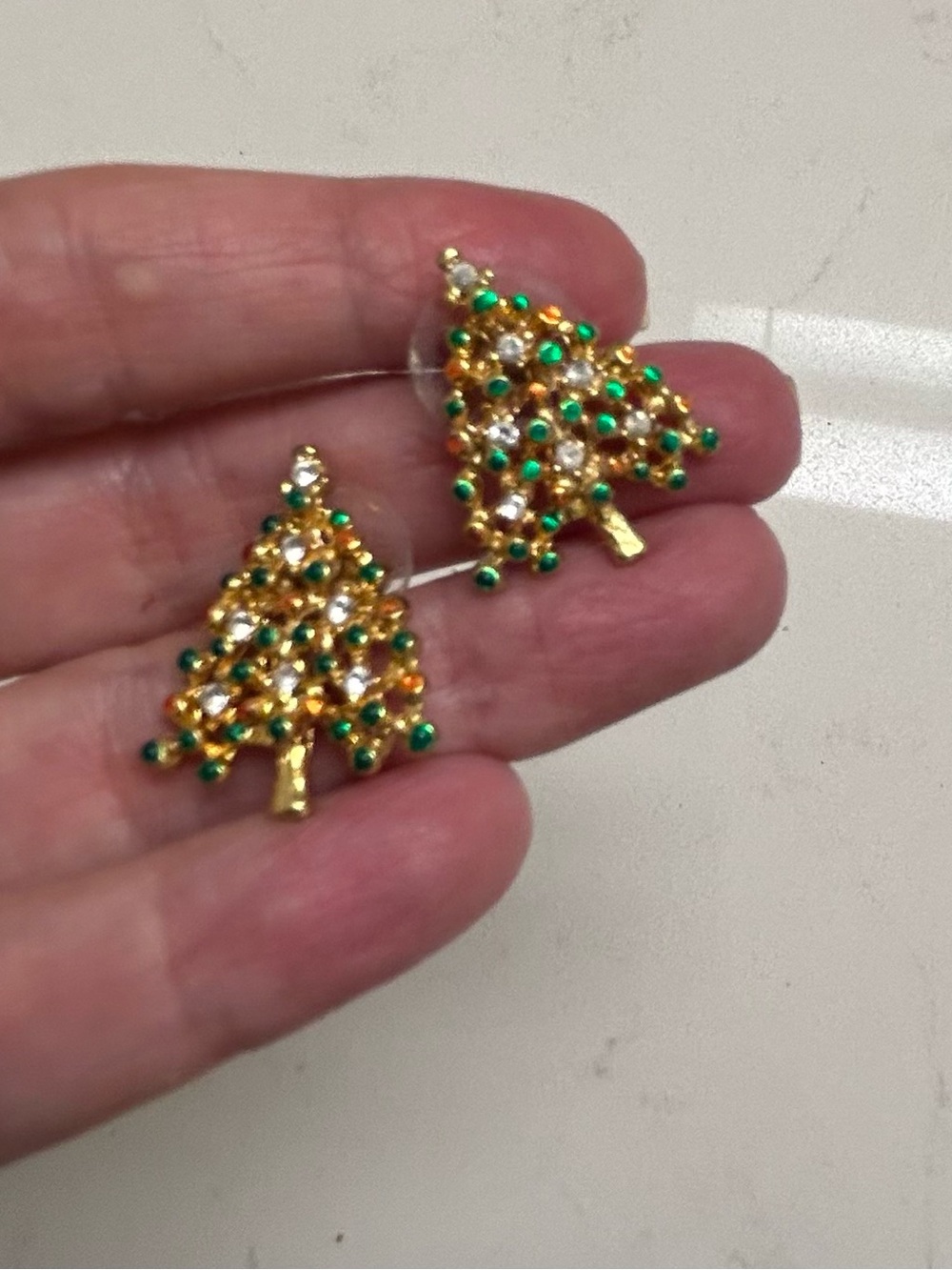 Gold Tone Green and Clear Crystal Christmas Tree Stud Earrings - Women Jewelry